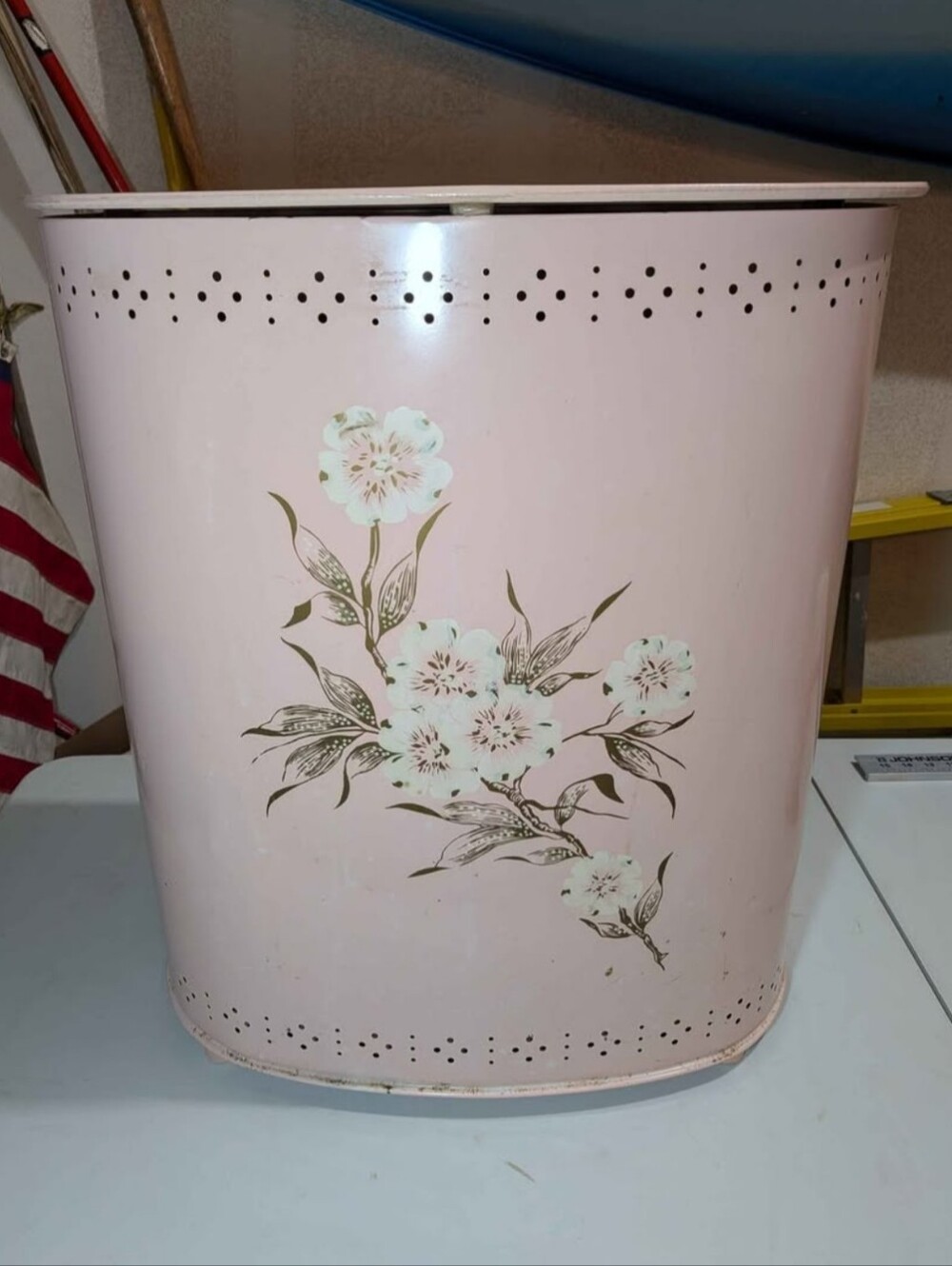 Light Pink Hand Painted Floral Metal Clothes Hamper Vintage